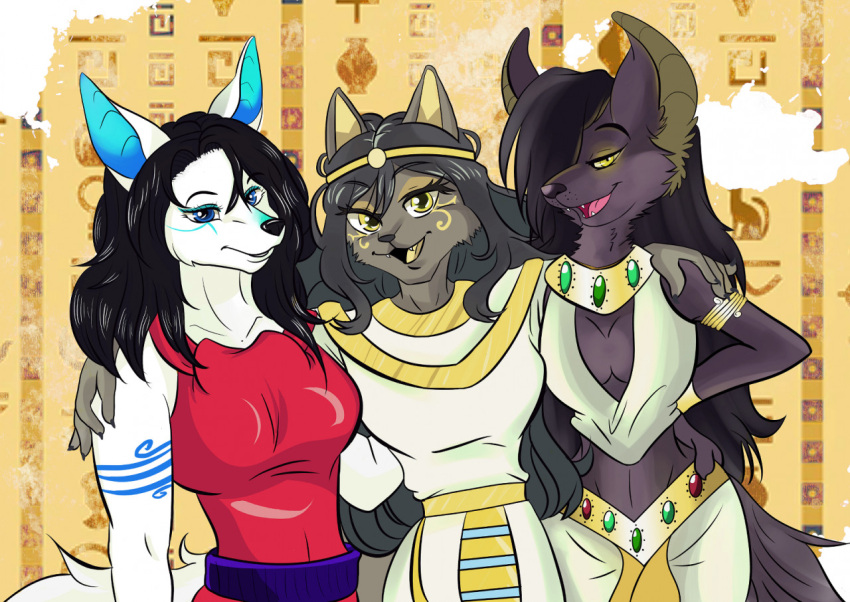 2022 anthro black_hair black_nose blue_eyes blue_inner_ear breasts canid canine cleavage clothed clothing denystark digital_media_(artwork) domestic_cat egyptian egyptian_cat egyptian_clothing eyelashes eyeshadow felid feline felis female fur grey_body grey_fur grey_hair group hair hand_on_hip hand_on_shoulder looking_at_viewer makeup mammal open_mouth original_characters pink_tongue purple_body purple_fur red_clothing tattoo tongue trio white_body white_fur yellow_eyes yellow_inner_ear yellow_tongue