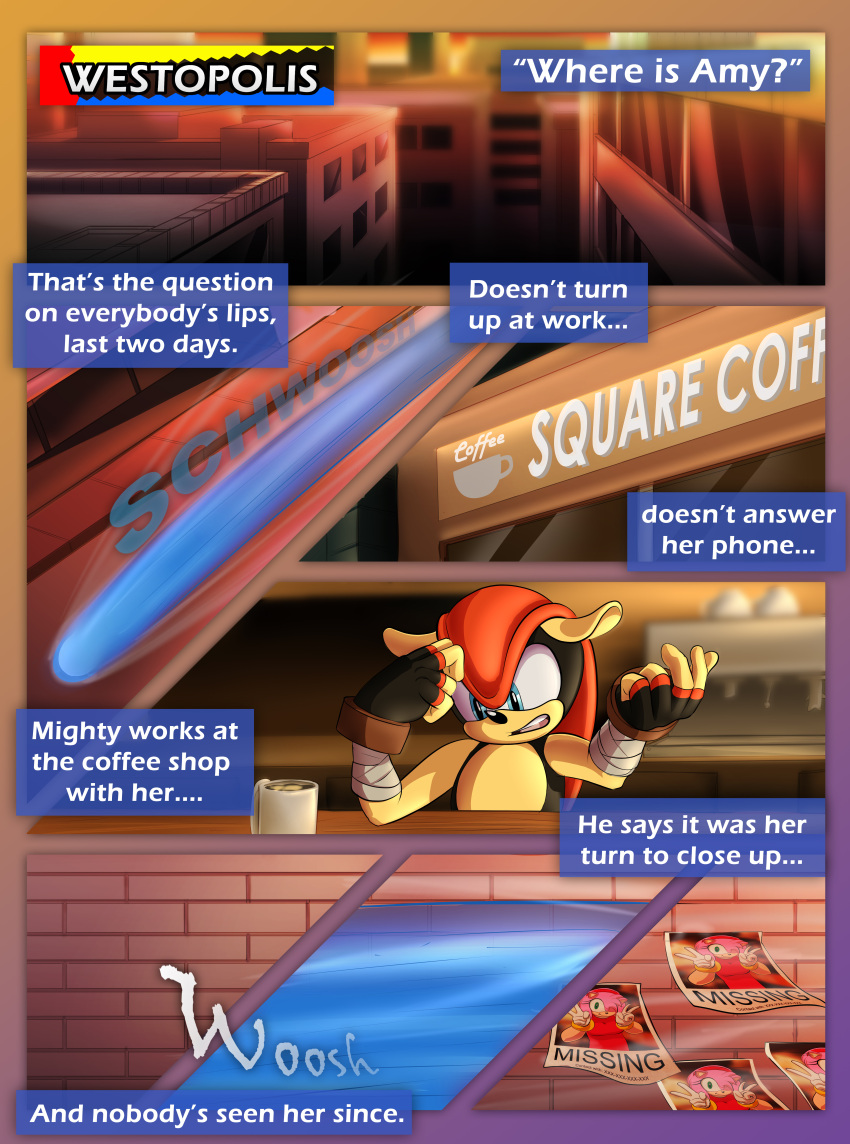2022 absurd_res amy_rose anthro armadillo blue_body blue_eyes breech_loader clothing comic detailed_background dress english_text eulipotyphlan fur hedgehog hi_res male mammal mighty_the_armadillo missing_poster pink_body pink_fur sega sonic_the_hedgehog sonic_the_hedgehog_(series) text toso xenarthran