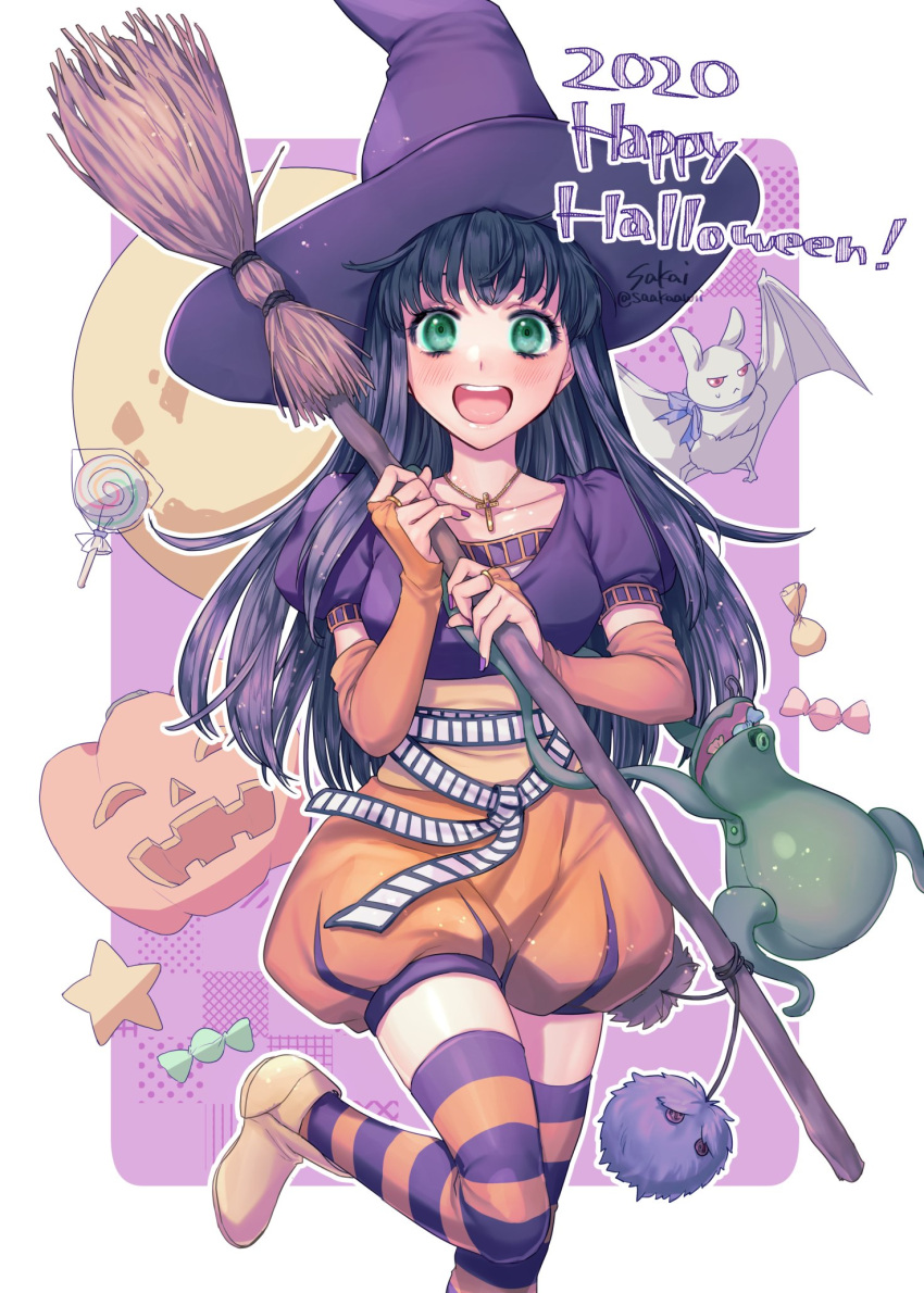 1girl black_hair breasts candy detached_sleeves food gensou_suikoden green_eyes halloween halloween_costume happy_halloween hat highres jack-o'-lantern jewelry long_hair looking_at_viewer nail_polish necklace open_mouth pumpkin sakai_(motomei) smile solo viki_(suikoden) witch_hat