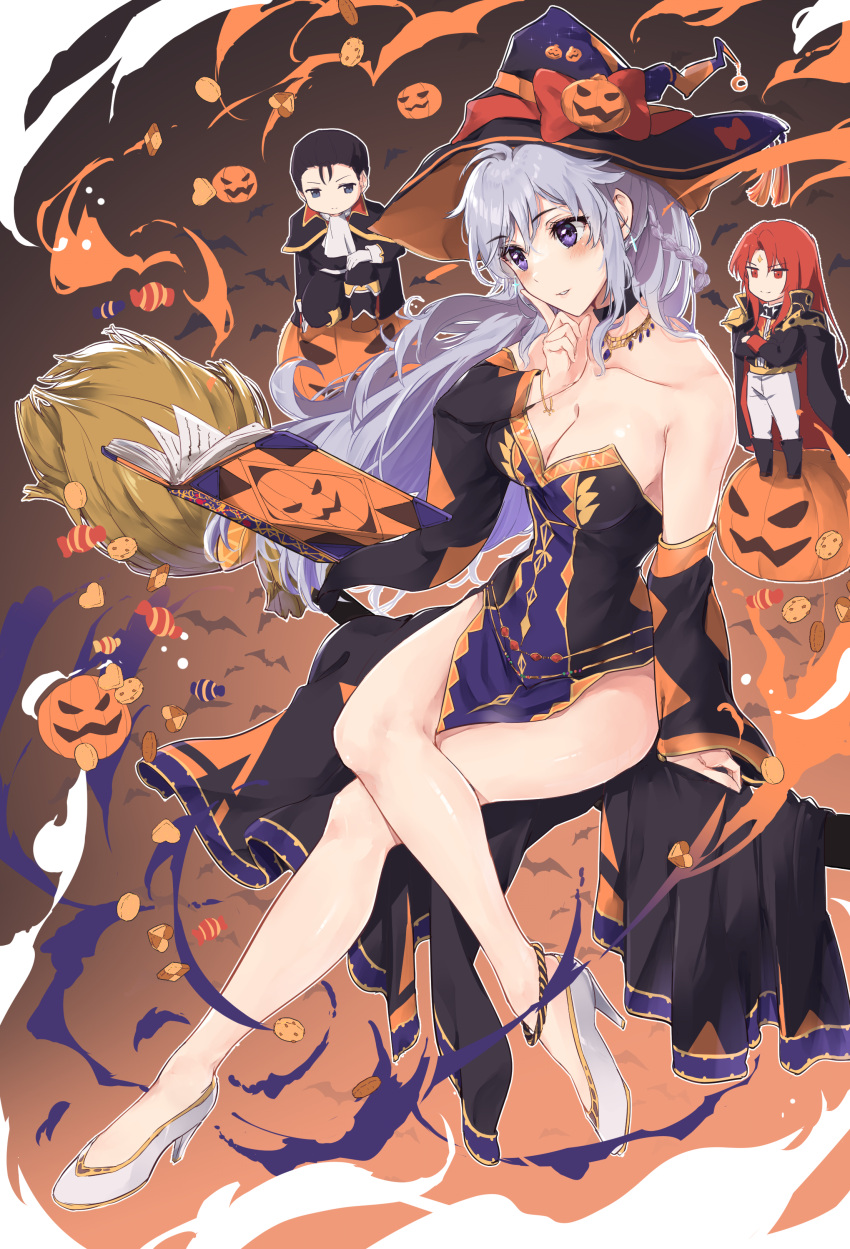 1girl 2boys absurdres armpit_crease black_choker black_hair book braid breasts broom chibi choker commission commissioner_upload fire_emblem fire_emblem:_genealogy_of_the_holy_war fire_emblem:_thracia_776 fire_emblem_heroes halloween hat high_heels highres ishtar_(fire_emblem) julius_(fire_emblem) large_breasts legs long_hair miyazakit multiple_boys non-web_source open_mouth pelvic_curtain pumpkin purple_eyes purple_hair reading red_hair reinhardt_(fire_emblem) sideboob single_braid skeb_commission thighs witch witch_hat