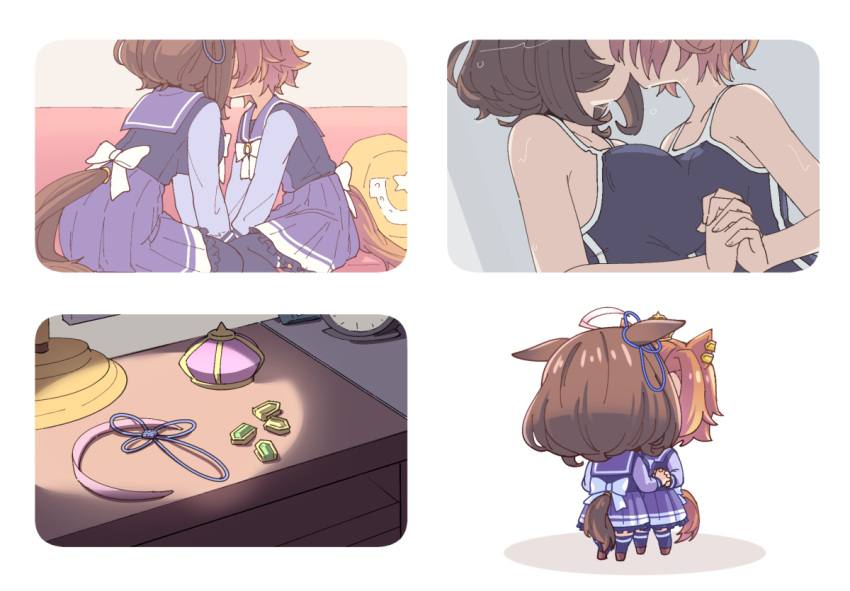 2girls ahoge alarm_clock animal_ears asymmetrical_docking breast_press breasts chibi clock crown crown_removed ear_piercing hairband_removed hihiqhi holding_hands horse_ears horse_girl horse_tail implied_kiss large_breasts long_sleeves meisho_doto_(umamusume) multiple_girls multiple_views nightstand piercing pillow purple_shirt purple_skirt purple_thighhighs school_swimsuit school_uniform shirt sitting skirt small_breasts standing swimsuit t.m._opera_o_(umamusume) tail thighhighs tracen_school_uniform umamusume wet wet_hair yuri