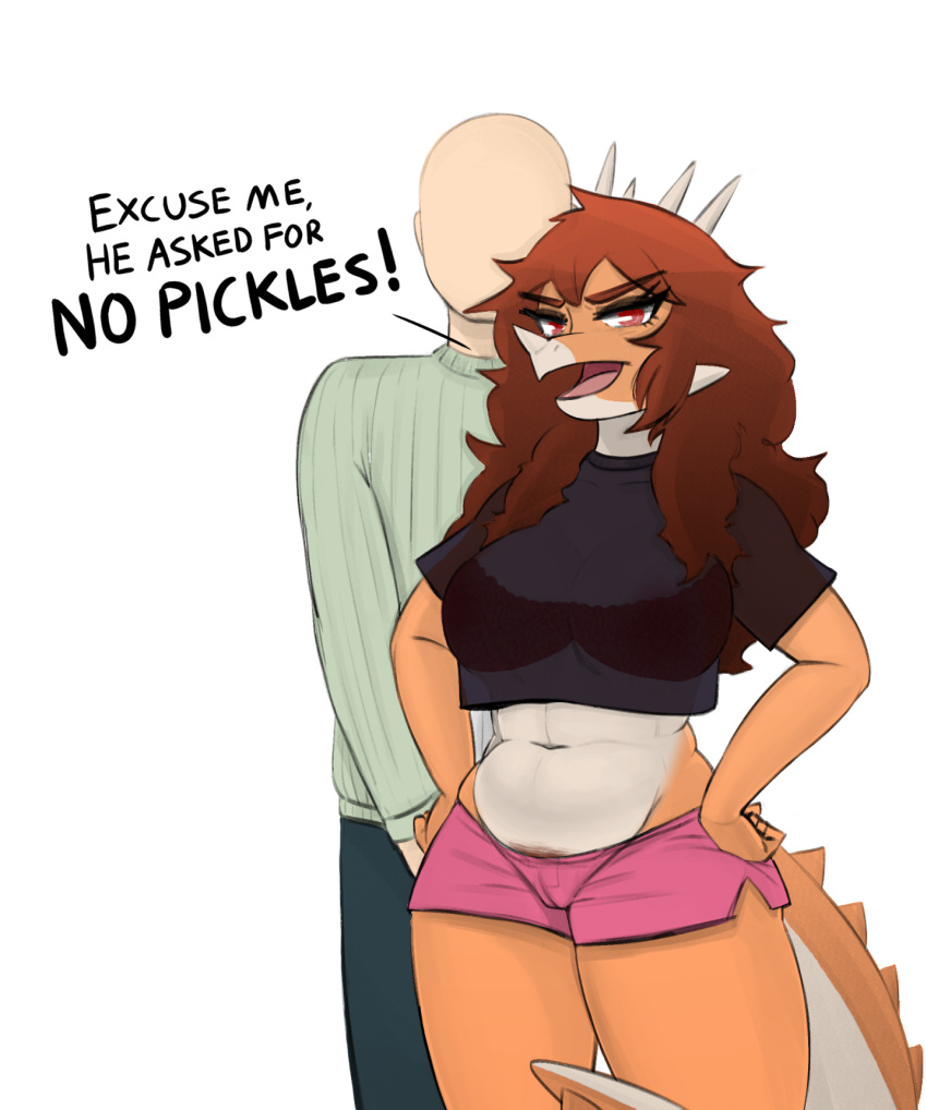 angry ankylosaurian ankylosaurid ankylosaurus anon_(snoot_game) anthro bald blackholedog1 bottomwear bra bra_lines breasts camel_toe clothed clothing crop_top crotch_lines curvy_figure denim denim_clothing dialogue digital_media_(artwork) dinosaur duo english_text exclamation_point exposed_chest eyebrow_through_hair eyebrows eyelashes faceless_character faceless_male facial_markings female genital_outline goodbye_volcano_high hair hands_on_hips head_markings hi_res horn human humanoid jeans long_hair looking_at_viewer male mammal markings multicolored_body navel orange_body ornithischian pants pattern_clothing pattern_sweater pattern_topwear pubes pussy_outline red_eyes red_hair reptile rosa_(gvh) scalie shirt short_pants shy simple_background slightly_chubby slightly_chubby_female snoot_game_(fan_game) spiked_tail spikes spikes_(anatomy) standing striped_clothing striped_sweater striped_topwear stripes sweater text thick_thighs thyreophoran topwear translucent translucent_hair two_tone_body underwear video_games voluptuous wide_hips