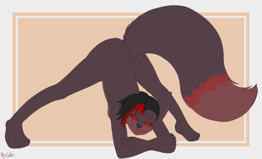 2021 anthro ass_up big_tail black_hair black_nose black_sclera border breasts butt canid canine crossed_arms demon dipstick_tail female flexible fox full-length_portrait hair half-closed_eyes hi_res highlights_(coloring) holding_arm jack-o'_pose kamora looking_at_viewer mammal markings narrowed_eyes nude plantigrade portrait pose red_eyes red_highlights rexsatou simple_background small_breasts smile solo tail_markings tan_background undercut white_border