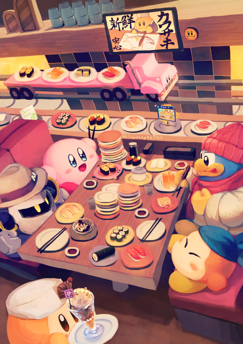 6+boys :3 absurdres bandana_waddle_dee blush blush_stickers booth_seating chef_hat chef_kawasaki chopsticks closed_eyes commentary_request conveyor_belt conveyor_belt_sushi cutting_board fedora fish food food_request gloves ground_vehicle hat head_scarf highres holding holding_chopsticks ikura_(food) kirby kirby's_dream_land kirby_(series) kirby_and_the_forgotten_land licking_lips mask meta_knight motor_vehicle mouthful_mode multiple_boys nigirizushi omelet parfait plate plate_stack restaurant saliva semi_truck soy_sauce sparkling_eyes sushi suyasuyabi tamagoyaki tongue tongue_out translation_request truck umbrella waddle_dee winter_clothes yellow_eyes