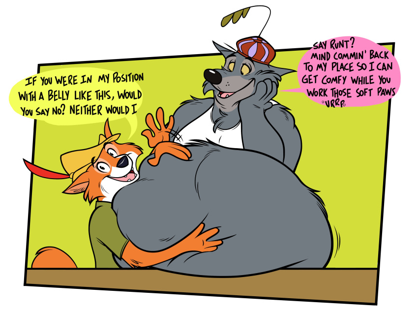 2022 absurd_res anthro belly belly_hug belly_pat big_belly canid canine canis clothing dialogue disney duo fangs feather_hat fox fur grey_body grey_fur hand_on_face hat headgear headwear hi_res holding_belly looking_at_another looking_at_viewer male mammal obese obese_anthro obese_male open_mouth overweight overweight_anthro overweight_male patting patting_belly red_body red_fur remmyfox robin_hood robin_hood_(disney) sheriff_of_nottingham shirt smile smiling_at_viewer speech_bubble talking_to_viewer tank_top teeth text tongue topwear wolf