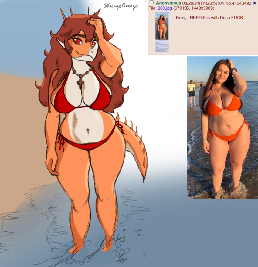 4chan ankylosaurian ankylosaurid ankylosaurus anthro beach bikini christian_cross christian_symbol christianity chubby_female clothing curvy_figure dinosaur english_text facial_horn female goodbye_volcano_high hair hi_res horn human humanoid jewelry long_hair looking_at_viewer mammal multicolored_body necklace orange_body orange_bongo ornithischian pubes real red_eyes red_hair reference_image religion reptile rosa_(gvh) scalie seaside simple_background slightly_chubby smile smiling_at_viewer snoot_game_(fan_game) solo spiked_tail spikes spikes_(anatomy) swimwear text thick_thighs thyreophoran two_tone_body voluptuous wide_hips