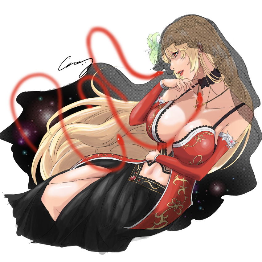 1girl black_skirt black_veil blonde_hair breasts crazy02oekaki dress fina_(ffbe) final_fantasy final_fantasy_brave_exvius flower from_side hair_flower hair_ornament highres jewelry large_breasts long_hair majin_fina navel necklace open_mouth red_dress red_eyes skirt snake solo starry_sky_print teeth war_of_the_visions:_final_fantasy_brave_exvius white_background