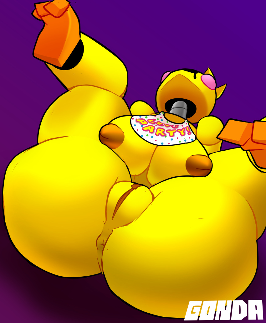 absurd_res animatronic anthro anus big_breasts big_butt bodily_fluids breasts butt drooling female five_nights_at_freddy's five_nights_at_freddy's_2 genitals gonda hi_res humanoid inverted_nipples machine metallic_body nipples orange_feet pussy robot robotic saliva scottgames simple_background solo toy_chica_(fnaf) video_games yellow_body