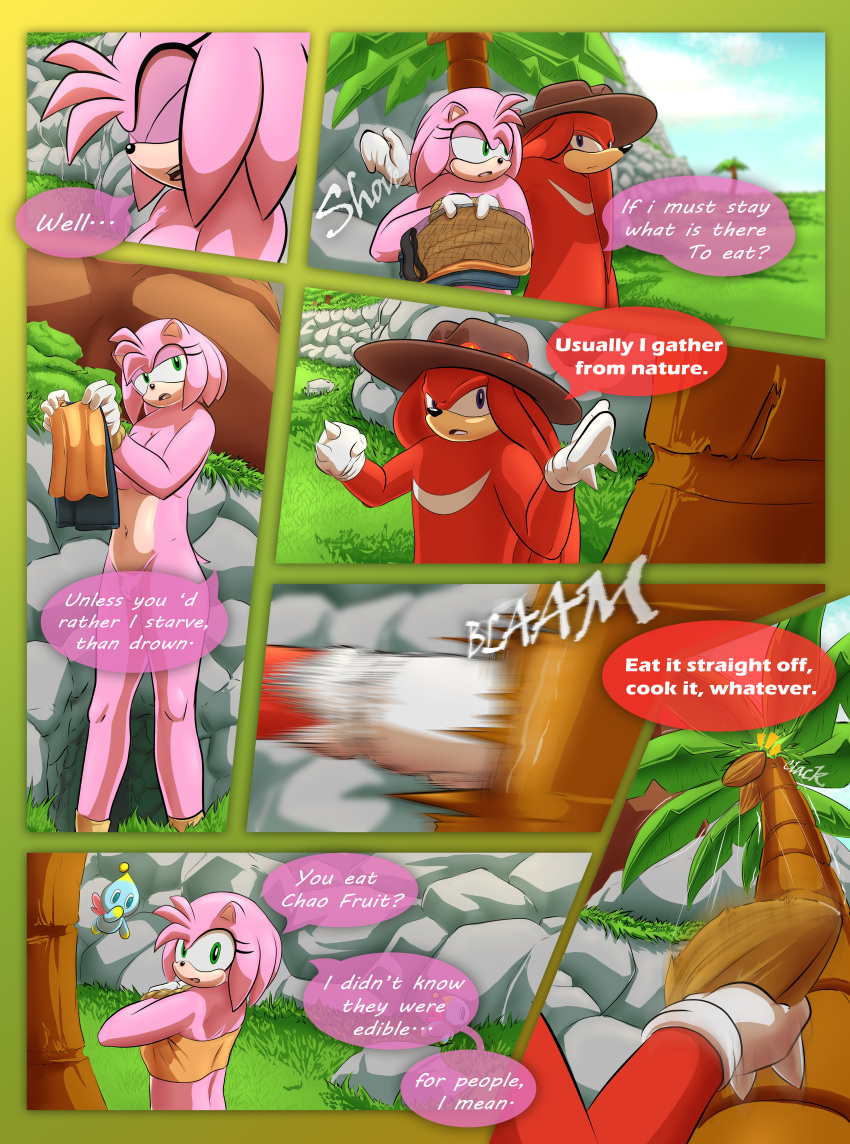 2021 absurd_res amy_rose anthro arms_tied bdsm bondage bound breasts breech_loader chao_(sonic) cleavage clothed clothing comic detailed_background dialogue dressing duo echidna english_text eulipotyphlan female footwear fur green_eyes handwear hat headgear headwear hedgehog hi_res kidnapping knuckles_the_echidna male mammal monotreme nude outside pink_body pink_fur profanity purple_eyes red_body red_fur restraints rope rope_bondage sandals sega sonic_the_hedgehog_(series) speech_bubble text topwear toso tube_top video_games