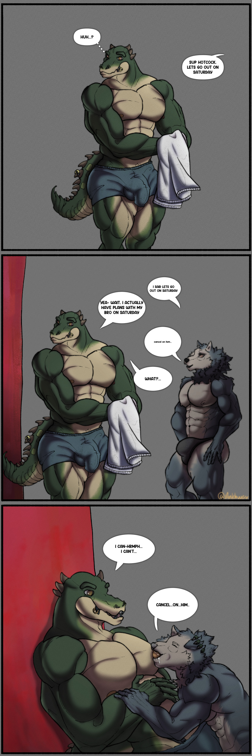 absurd_res against_surface against_wall alligator alligatorid alligatorid_humanoid animal_humanoid ankhbear ankhwav anthro athletic barazoku big_butt big_pecs bodily_fluids bottom_were boxer_briefs boxer_briefs_only boxers_(clothing) bulge butt canid canine canis clothed clothing clothing_aside comic crocodile crocodilian crocodilian_humanoid crocodylid detailed_bulge dialogue duo forced genital_outline genitals green_body grey_background group hi_res humanoid looking_at_viewer male male/male mammal muscular muscular_anthro nipples pecs reptile reptile_humanoid scalie scalie_humanoid shirtless simple_background solo speech_bubble standing sucking text topless towel underwear underwear_aside wercanid were werecanid werecanine werewolf wolf yellow_eyes