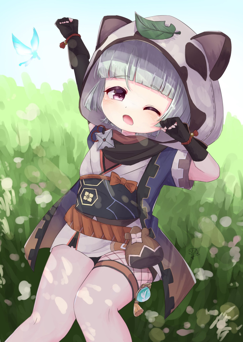 1girl animal_ears armguards bangs black_gloves black_scarf blunt_bangs brown_eyes commentary_request elbow_gloves fake_animal_ears fingerless_gloves genshin_impact gloves grey_hair hair_between_eyes highres japanese_clothes kanzuki_tsunane leaf leaf_on_head looking_at_viewer ninja obi pouch raccoon_ears raccoon_hood sash sayu_(genshin_impact) scarf short_hair short_sleeves shuriken sidelocks single_fishnet_legwear sitting solo stretching vision_(genshin_impact) waking_up weapon