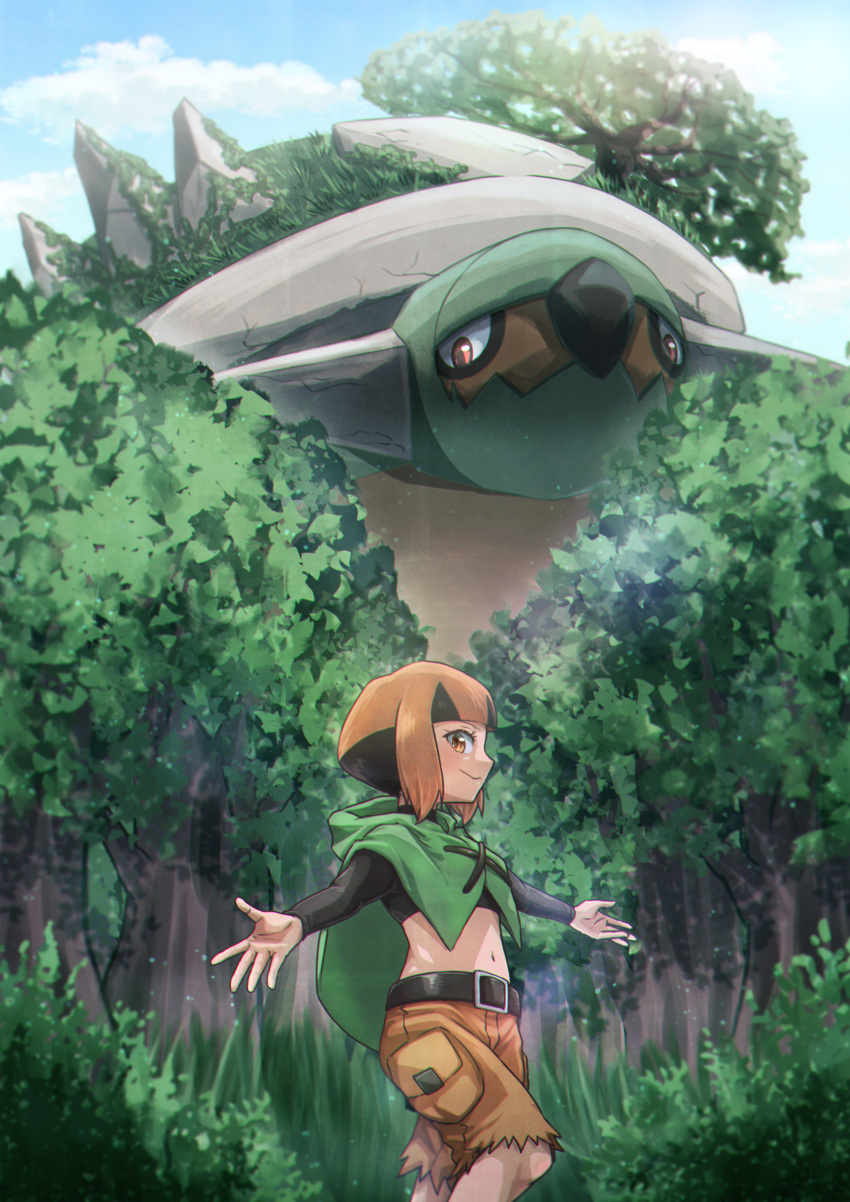 1girl absurdres bangs belt black_belt black_hair blunt_bangs cargo_shorts crop_top forest gardenia_(pokemon) grass highres kotobukkii_(yt_lvlv) looking_at_viewer looking_to_the_side midriff multicolored_hair nature navel orange_eyes orange_hair outdoors outstretched_arms pokemon pokemon_(creature) pokemon_(game) pokemon_dppt poncho shorts smile torterra tree two-tone_hair