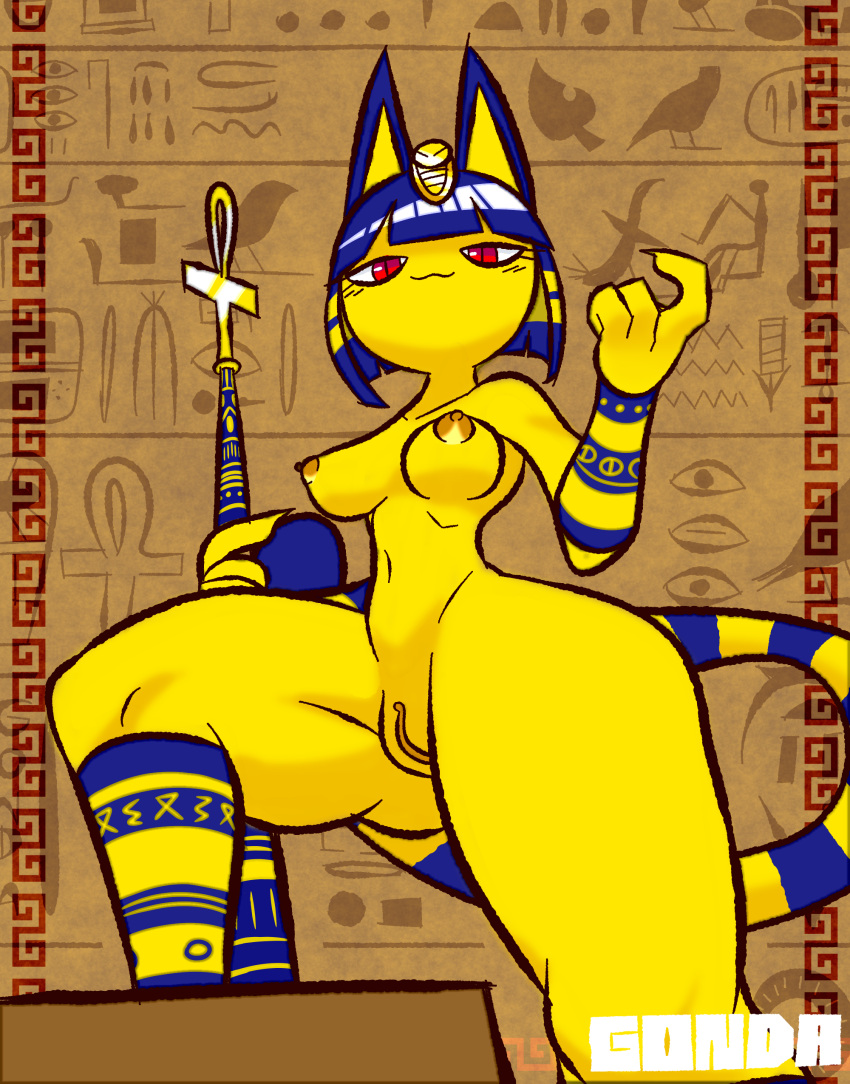 absurd_res animal_crossing ankha_(animal_crossing) anthro blue_hair breasts clothing domestic_cat drawing egyptian_clothing egyptian_headdress felid feline felis female fur genitals gonda hair hi_res humanoid looking_at_viewer mammal nintendo nipples one_leg_up pussy raised_leg red_eyes simple_background small_breasts solo video_games wide_hips yellow_body yellow_fur