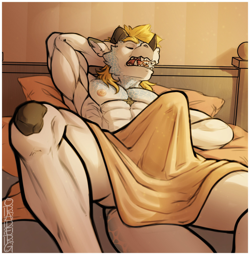 absurd_res anthro bed big_bulge blonde_hair bulge dragon erection eyes_closed facial_horn furniture hair hand_behind_head hi_res horn male muscular muscular_anthro muscular_male nogard_krad_nox nose_horn nude on_bed open_mouth oraderg pillow scalie sleeping solo teeth under_blanket wingless_dragon