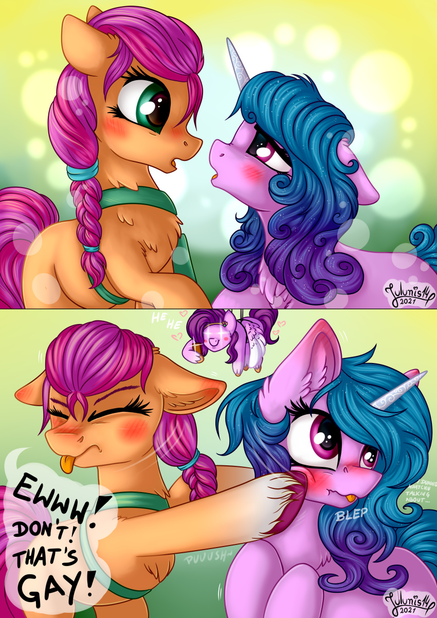 &lt;3 2021 2_panel_comic absurd_res blep blue_hair blush braided_hair braided_ponytail chest_tuft coat_markings denied digital_media_(artwork) disgust duo ear_blush ears_back ears_down earth_pony english_text equid equine ew eye_contact eyelashes eyes_closed female female/female feral fetlocks floppy_ears fur green_eyes group hair hasbro hi_res hooves horn horse inner_ear_fluff izzy_moonbow_(mlp) julunis14 looking_at_another looking_away mammal mlp_g5 my_little_pony orange_body orange_fur pegasus phone pink_body pink_fur pipp_petals_(mlp) pivoted_ears pony purple_body purple_eyes purple_fur purple_hair pushing pushing_away raised_hoof safe_(disambiguation) signature speech_bubble sunny_starscout_(mlp) taking_photo text tongue tongue_out trio tuft unicorn wings