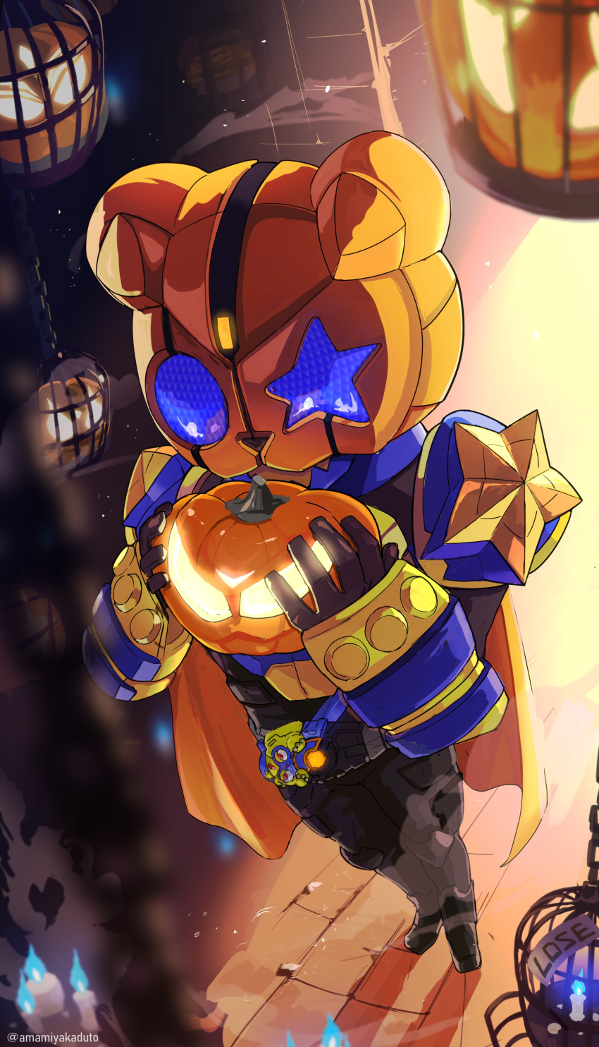 1boy absurdres amamiyakaduto bear blue_armor blue_eyes blue_fire brass_knuckles cage candle cape desire_driver dungeon fire foreshortening glowing glowing_eyes highres jack-o'-lantern kamen_rider kamen_rider_buffa kamen_rider_geats_(series) kamen_rider_na-go kamen_rider_punkjack kamen_rider_tycoon male_focus monster monster_buckle orange_cape pumpkin raise_buckle shadow twitter_username villain_pose weapon