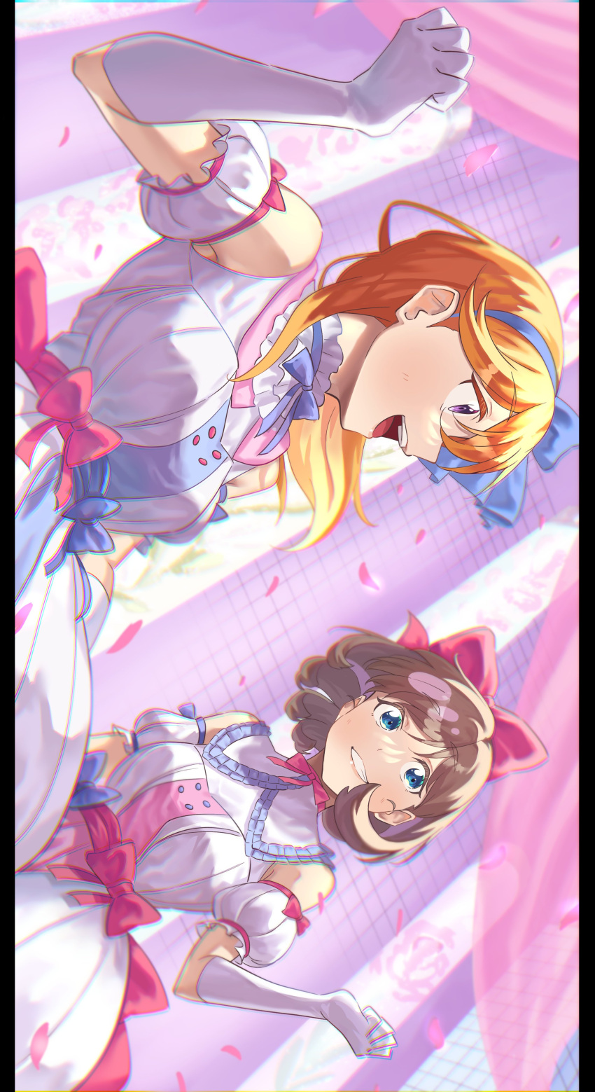 2girls absurdres bare_shoulders bow bow_hairband brown_hair clenched_hand dancing detached_sleeves dress elbow_gloves gloves hair_bow hairband highres looking_at_another love_live! love_live!_superstar!! medium_hair multiple_girls orange_hair petals puffy_detached_sleeves puffy_short_sleeves puffy_sleeves repurika shibuya_kanon short_sleeves sideways smile tang_keke tiny_stars white_dress white_gloves wide_sleeves