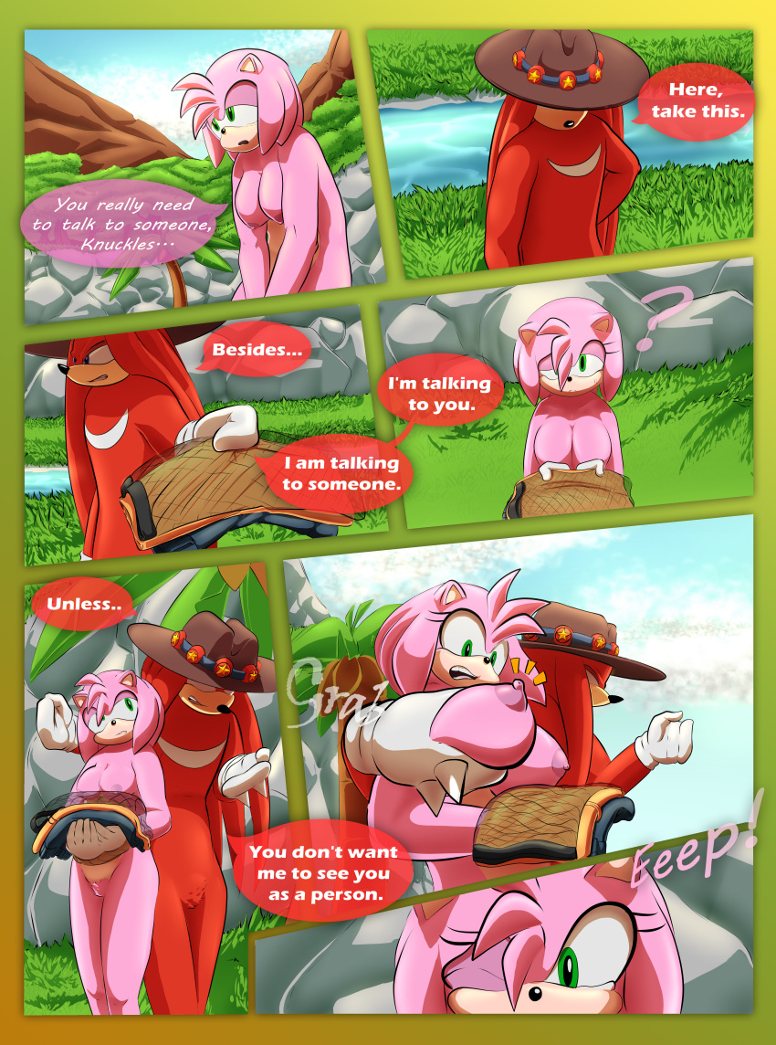 2021 absurd_res amy_rose anthro areola arms_tied bdsm bondage bound breasts breech_loader cleavage clothed clothing comic detailed_background dialogue duo echidna english_text eulipotyphlan female fur green_eyes grope groping_breasts handwear hat headgear headwear hedgehog hi_res kidnapping knuckles_the_echidna male male/female mammal monotreme nipples nude outside pink_body pink_fur profanity purple_eyes red_body red_fur restraints rope rope_bondage sega sonic_the_hedgehog_(series) speech_bubble text toso video_games