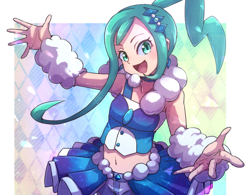 1girl :d arm_warmers breasts earrings green_eyes green_hair hair_ornament jewelry kotobukkii_(yt_lvlv) lisia_(pokemon) long_hair looking_at_viewer midriff navel open_mouth pokemon pokemon_(game) pokemon_oras shorts shorts_under_skirt skirt small_breasts smile solo upper_body