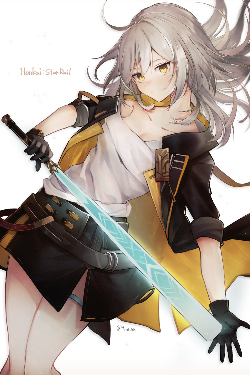 1girl absurdres bangs belt black_jacket blush closed_mouth commentary_request copyright_name expressionless feet_out_of_frame gloves grey_hair highres holding holding_sword holding_weapon honkai:_star_rail honkai_(series) jacket long_hair looking_at_viewer shirt simple_background solo sword tare_(tonikaku_magaru) trailblazer_(honkai:_star_rail) trailblazer_(honkai:_star_rail)_(female) twitter_username weapon white_background white_shirt yellow_eyes