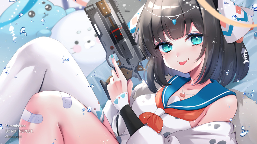 1girl apex_legends b3_wingman bandaid bandaid_on_knee bandaid_on_leg bangs beimu_lakia_(vtuber) black_hair blue_eyes blue_eyeshadow blue_nails bob_cut breasts commission eneru_(enepuni) english_commentary english_text eyeshadow gun hair_ribbon handgun highres holding holding_gun holding_weapon indie_virtual_youtuber jewelry makeup medium_breasts neckerchief necklace orange_neckerchief revolver ribbon sailor_collar shell_necklace short_hair sitting skeb_commission smile solo stuffed_toy tongue tongue_out trigger_discipline twitter_username virtual_youtuber weapon white_ribbon