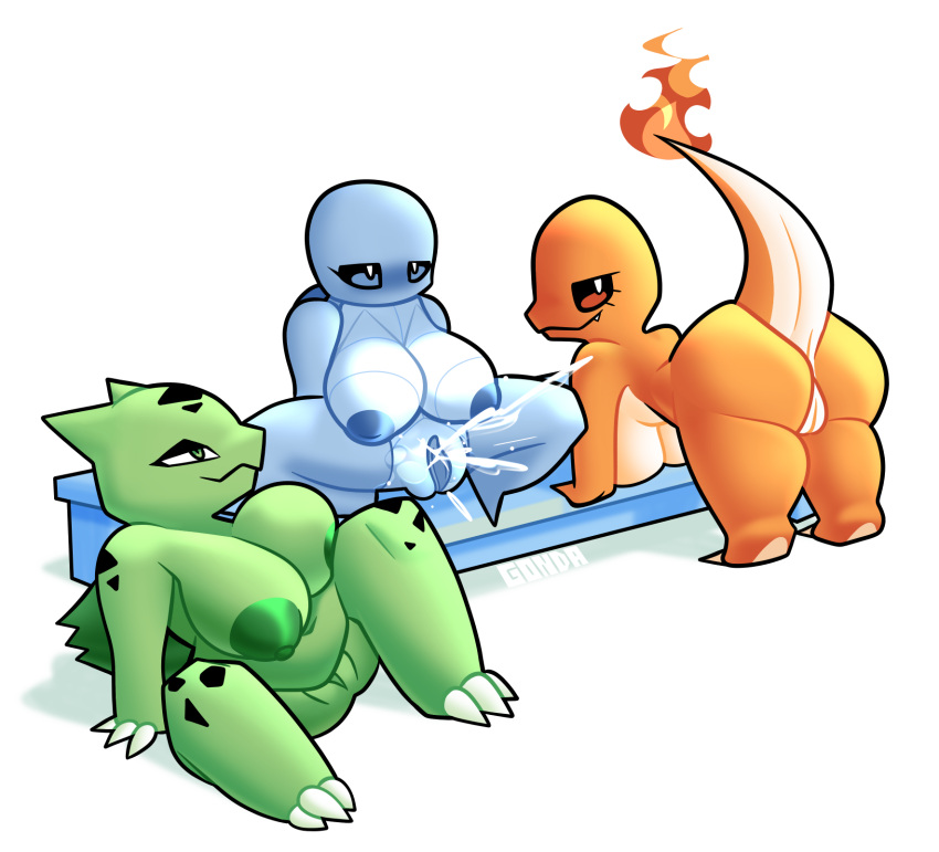 areola big_areola big_breasts big_butt big_pussy black_markings blue_body bodily_fluids breasts bulbasaur butt charmander ejaculation exhibitionism female fire furniture game_boy_color game_boy_family generation_1_pokemon genital_fluids genitals gonda green_body group hi_res horny looking_at_another looking_pleasured markings nintendo orange_body pokemon pokemon_(species) presenting pussy pussy_ejaculation pussy_juice raised_tail short_stack simple_background spread_legs spreading squirtle table trio video_games water white_background