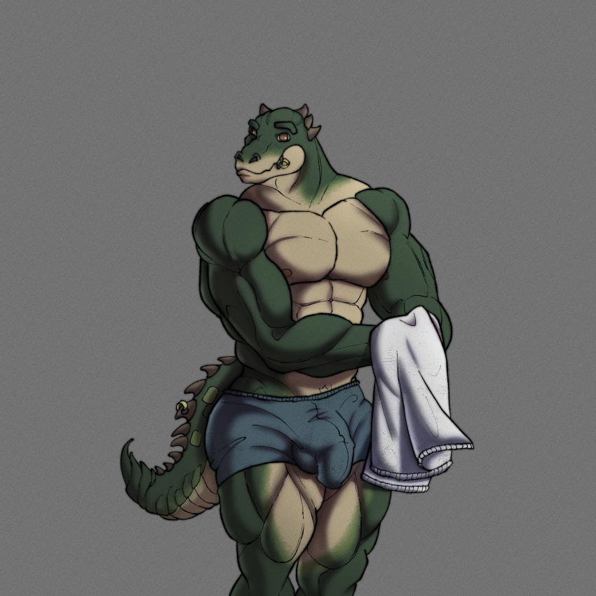 absurd_res alligator alligatorid alligatorid_humanoid animal_humanoid ankhbear ankhwav anthro athletic barazoku big_butt big_pecs bottom_were boxer_briefs boxer_briefs_only boxers_(clothing) bulge butt clothed clothing clothing_aside crocodile crocodilian crocodilian_humanoid crocodylid detailed_bulge genital_outline genitals green_body grey_background hi_res humanoid looking_at_viewer male male/male muscular muscular_anthro nipples pecs reptile reptile_humanoid scalie scalie_humanoid shirtless simple_background solo standing topless towel underwear underwear_aside yellow_eyes