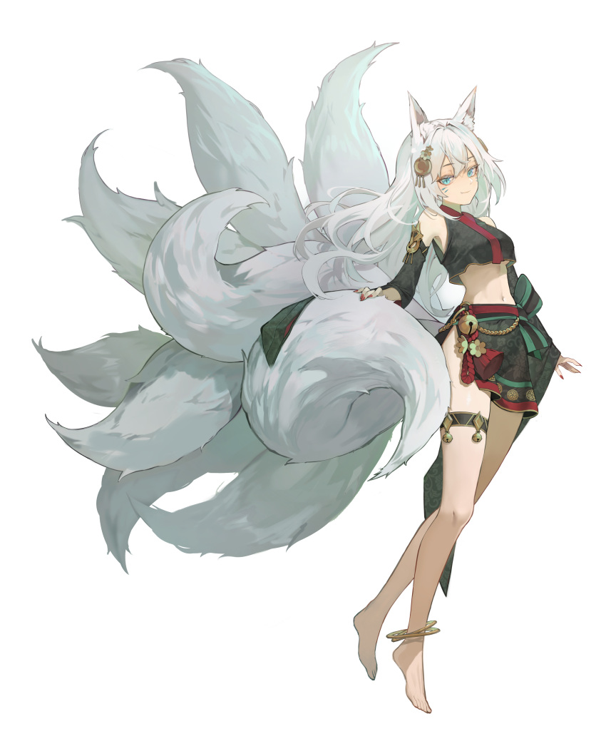 1girl absurdres animal_ear_fluff animal_ears anklet armpits bare_legs bare_shoulders barefoot bell black_shirt black_skirt blue_eyes breasts chukibabo2 closed_mouth crop_top crop_top_overhang detached_sleeves eyeshadow facial_mark fang fox_ears fox_girl fox_tail full_body hair_ornament highres japanese_clothes jewelry jingle_bell kitsune kyuubi long_hair long_sleeves looking_at_viewer makeup medium_breasts midriff miniskirt multiple_tails nail_polish navel original red_nails shirt side_slit simple_background skirt smile solo stomach tail tassel thighlet thighs underboob white_background white_hair wide_sleeves