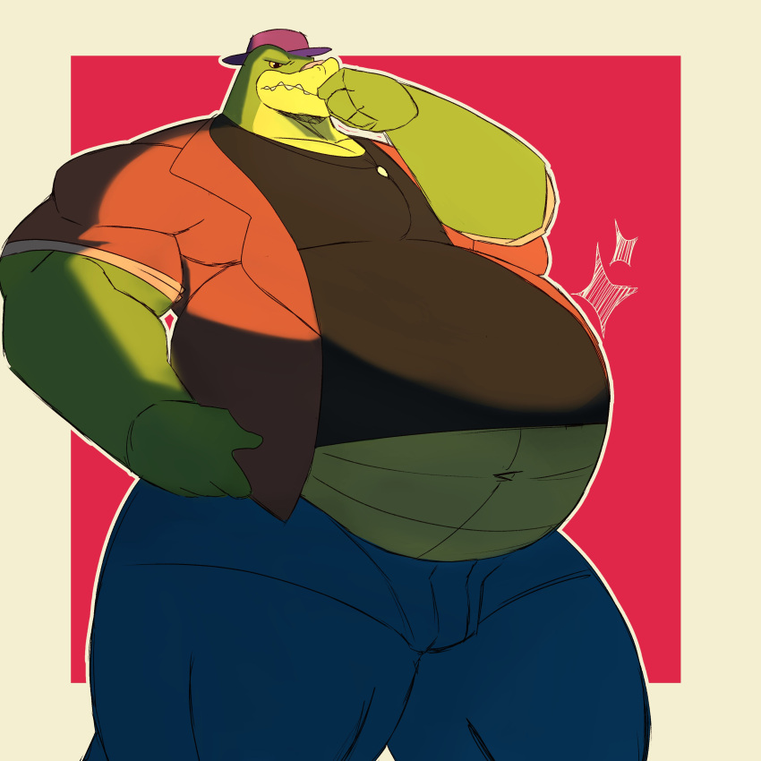 2022 absurd_res alligator alligatorid anthro belly big_belly bottomwear brok_(character) brok_the_investigator clothing crocodilian green_body hat headgear headwear hi_res male obese obese_male overweight overweight_male pants reptile scalie shirt solo tkckid topwear video_games