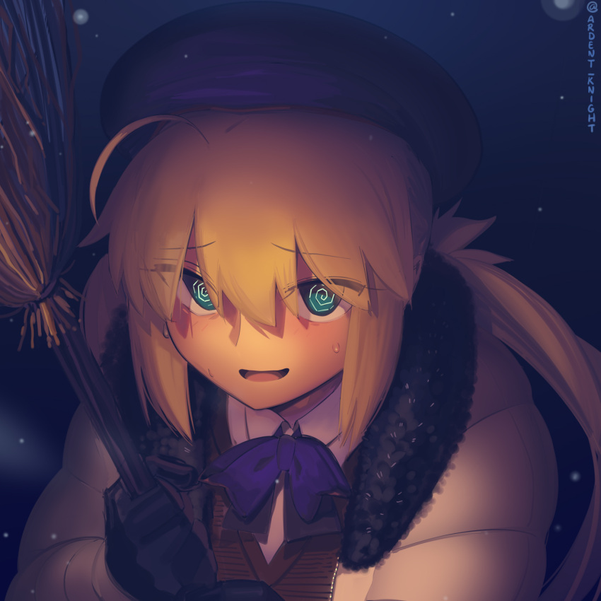 1girl @_@ artoria_caster_(fate) artoria_caster_(second_ascension)_(fate) artoria_pendragon_(fate) bangs beret black_headwear blonde_hair blush boa_(brianoa) breasts fate/grand_order fate_(series) fur_collar green_eyes hat highres jacket long_hair long_sleeves looking_at_viewer open_mouth small_breasts smile solo twintails white_jacket