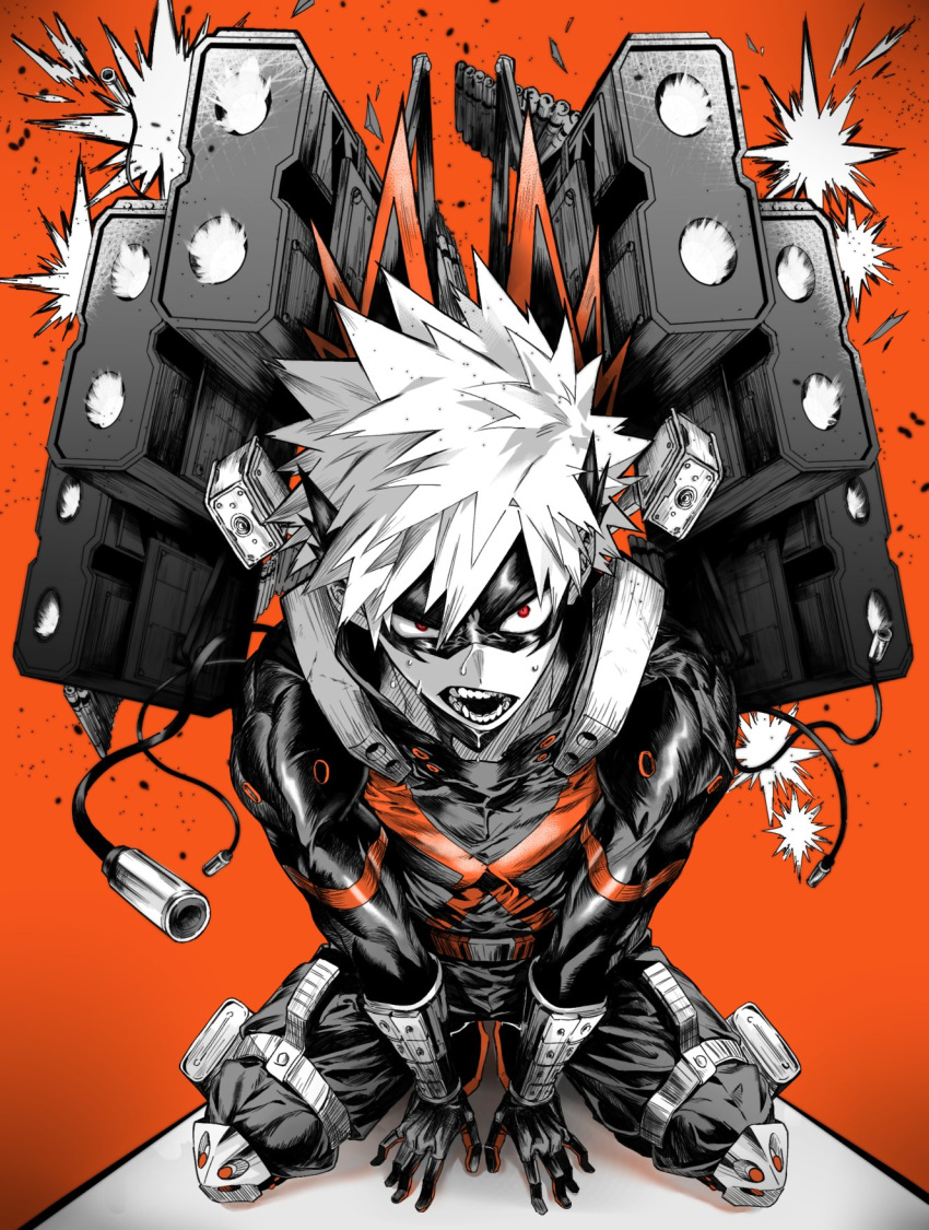 1boy ammunition_belt background_text baggy_pants bakugou_katsuki bangs belt between_legs black_mask black_pants boku_no_hero_academia cable eye_mask firing foreground_text from_above full_body gloves gun halftone hand_between_legs hands_on_ground hatching_(texture) headgear high_collar highres knee_pads kneeling leaning_forward looking_at_viewer machine_gun male_focus muzzle_flash neck_brace official_alternate_costume open_mouth orange_background pants partially_colored red_eyes shadow shiny shiny_clothes short_hair sitting skin_tight solo spiked_hair spoilers sweat teeth textless_version toned toned_male usano_(usn_658) wariza weapon wrist_guards