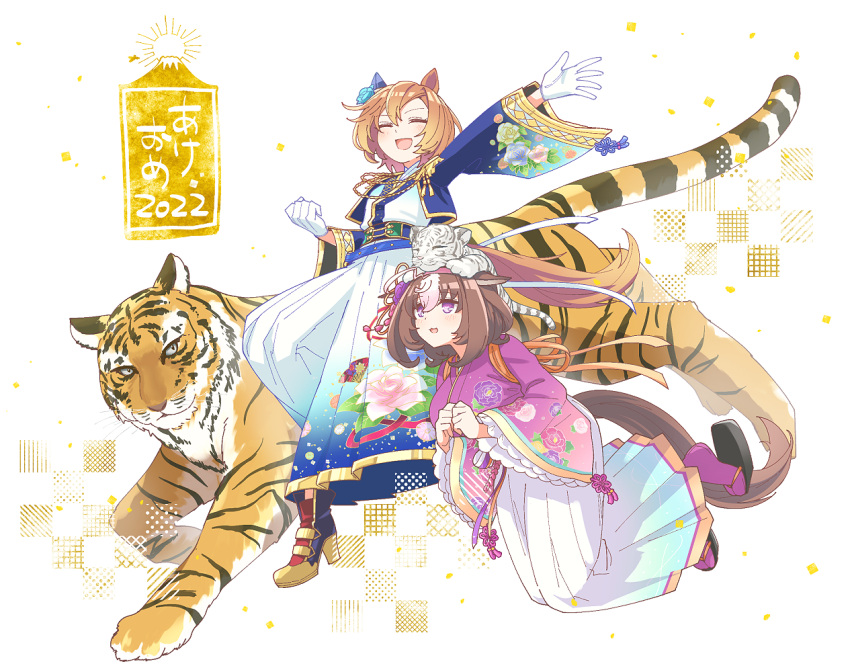 2022 2girls animal_ears animal_on_head blush boots breasts brown_hair clenched_hand closed_eyes cropped_jacket epaulettes flower gloves hair_flower hair_ornament hairband high_heel_boots high_heels hihiqhi horse_ears horse_girl horse_tail japanese_clothes kimono large_breasts long_sleeves medium_hair meisho_doto_(padding_sores_should_she_go_flying)_(umamusume) meisho_doto_(umamusume) multiple_girls okobo on_head open_mouth orange_hair outstretched_arm outstretched_arms purple_eyes purple_kimono short_hair smile t.m._opera_o_(blue_dazzle)_(umamusume) t.m._opera_o_(umamusume) tabi tail tiger tiger_cub umamusume white_gloves white_kimono wide_sleeves