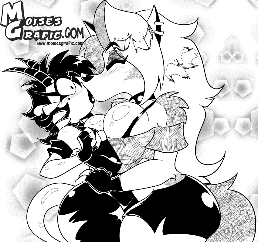 2021 absurd_res anthro black_and_white blush breast_squish breasts breasts_frottage canid canid_demon canine canis clothed clothing collar demon digital_media_(artwork) dress duo eyebrows eyelashes eyes_closed female female/female hair head_grab hellhound helluva_boss hi_res horn humanoid humanoid_on_anthro imp interspecies kiss_on_lips larger_female lipstick long_hair loona_(helluva_boss) makeup mammal millie_(helluva_boss) moisesgrafic monochrome pupils shirt shocked size_difference small_pupils smaller_female squish surprise surprise_kiss surprised_expression text topwear url wide_eyed wolf