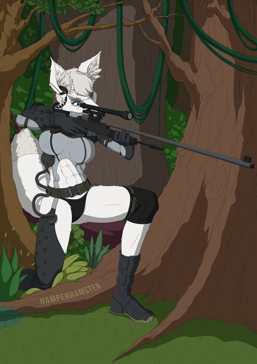 abs absurd_res aiming aiming_weapon anthro bikini bikini_bottom blue_eyes canid canine clothed clothing crouching earpiece fan_character female fox fur gun hamperhamster hi_res jungle katie_cole konami mammal metal_gear metal_gear_solid_v muscular muscular_female nipple_outline partially_clothed ranged_weapon rifle sniper_rifle solo swimwear video_games weapon white_body white_fur