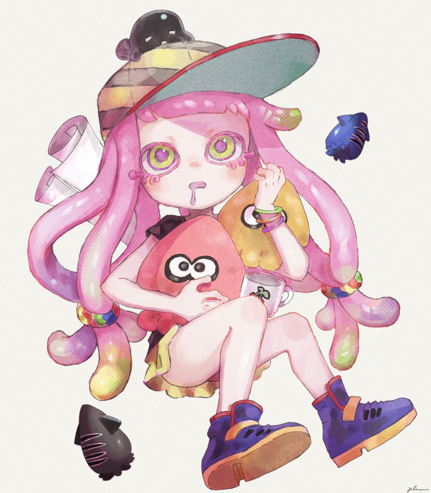 1girl animal animal_on_head baseball_cap black_shirt blonde_hair bracelet cherry clownfish colored_eyelashes cup drooling eyelashes fish fish_on_head food fruit full_body green_eyes green_hair green_skirt harmony's_clownfish_(splatoon) harmony_(splatoon) hat highres inkling jewelry long_hair low-tied_long_hair miniskirt mug multicolored_clothes multicolored_hair multicolored_headwear no_eyebrows on_head open_mouth pink_hair plum0o0 purple_footwear purple_hair purple_pupils shirt shoes short_sleeves simple_background skirt splatoon_(series) splatoon_3 striped striped_headwear stuffed_squid tentacle_hair white_background