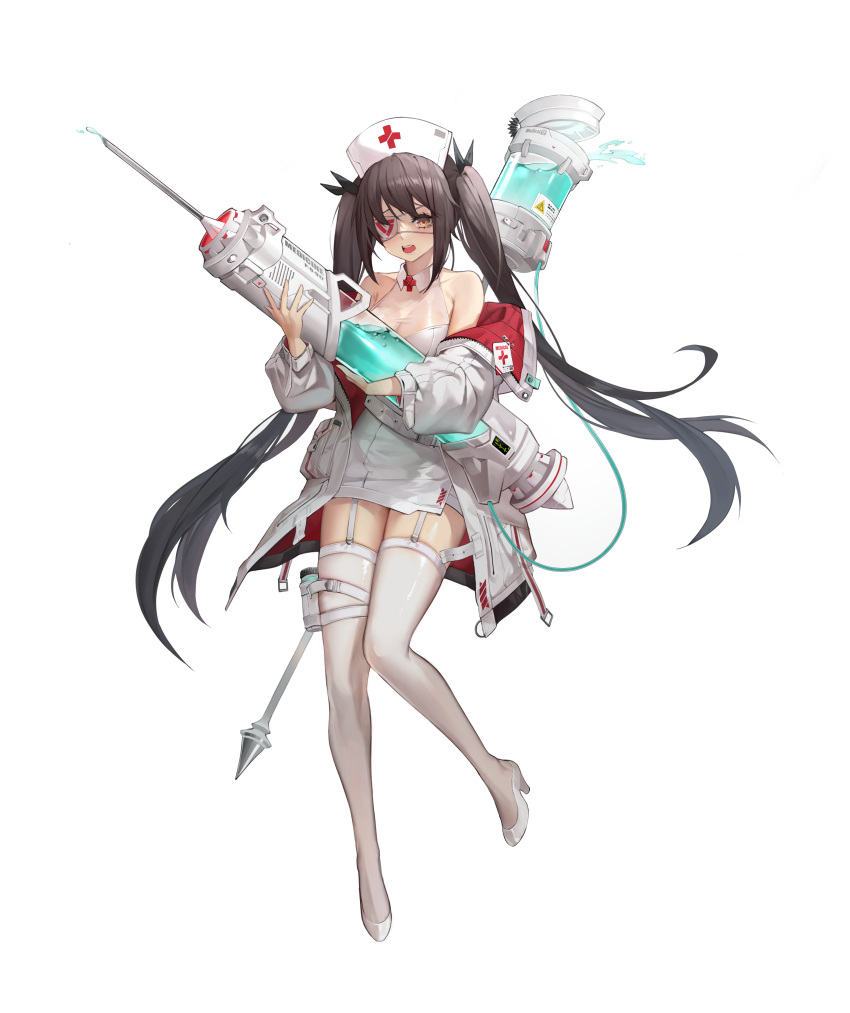 1girl :d absurdres armpit_crease bare_shoulders black_hair breasts chukibabo2 cleavage dress eyepatch full_body garter_straps hair_ribbon hat high_heels highres holding holding_syringe jacket large_breasts large_syringe long_hair long_sleeves looking_at_viewer nurse_cap off_shoulder open_clothes open_jacket open_mouth original oversized_object puffy_sleeves ribbon see-through short_dress simple_background sleeveless sleeveless_dress smile solo syringe taut_clothes taut_dress tearing_up thigh_strap thighhighs thighs twintails very_long_hair white_background white_dress white_footwear white_headwear white_jacket white_thighhighs wing_collar yellow_eyes zettai_ryouiki