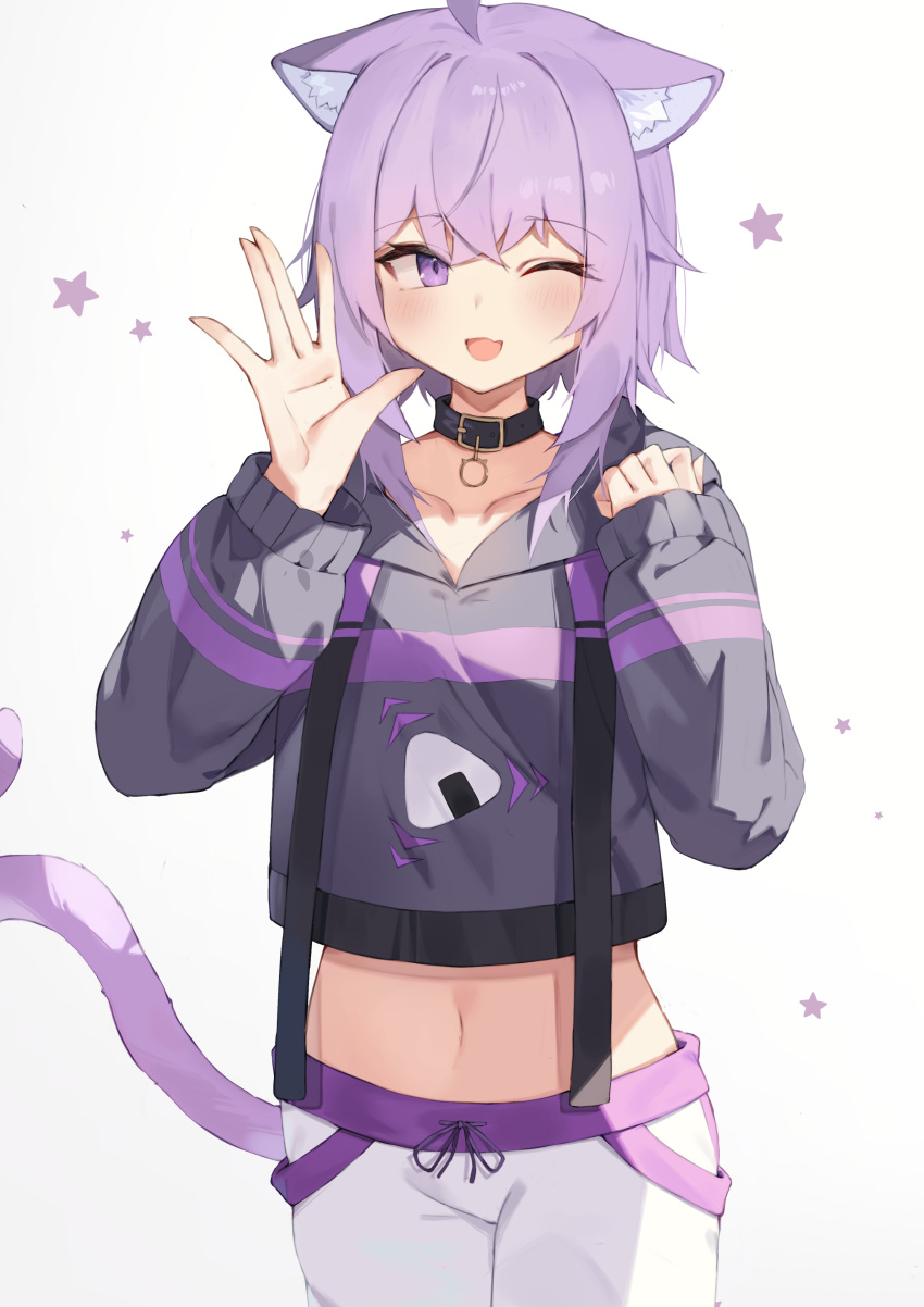 1girl ;d absurdres ahoge animal_ear_fluff animal_ears belt belt_collar black_belt black_hoodie blush cat_ears cat_girl cat_tail collar collarbone cowboy_shot crop_top cropped_hoodie drawstring fang hair_between_eyes hands_up highres hololive hood hood_down hoodie long_sleeves looking_at_viewer midriff navel nekomata_okayu nekomata_okayu_(1st_costume) one_eye_closed open_mouth pants purple_eyes purple_hair purple_tail short_hair sidelocks simple_background skin_fang sleeves_past_wrists smile solo star_(symbol) stomach taht_(that_is_mm) tail virtual_youtuber white_background white_pants