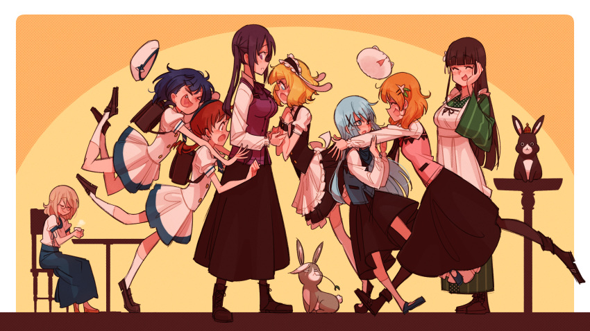 &gt;_&lt; 6+girls :d :o ^_^ ama_usa_an_uniform animal anko_(gochiusa) aoyama_blue_mountain apron backpack bag bangs black_skirt blonde_hair blue_eyes blue_hair blue_vest blunt_bangs blush brown_hair closed_eyes commentary crown english_commentary fang fleur_de_lapin_uniform glomp gochuumon_wa_usagi_desu_ka? gutalalaman hair_ornament hairclip hand_on_own_cheek hand_on_own_face heart heart_in_mouth highres hime_cut hoto_cocoa hug japanese_clothes jouga_maya kafuu_chino kafuu_chino's_school_uniform kimono kirima_syaro light_brown_hair long_hair long_sleeves maid mini_crown multiple_girls natsu_megumi orange_hair pink_vest puffy_short_sleeves puffy_sleeves purple_eyes purple_hair purple_vest rabbit rabbit_house_uniform red_hair school_uniform shirt short_hair short_sleeves sitting skirt smile tedeza_rize tippy_(gochiusa) twintails ujimatsu_chiya uniform vest waist_apron white_shirt wide_sleeves wild_geese x_hair_ornament xd yuri