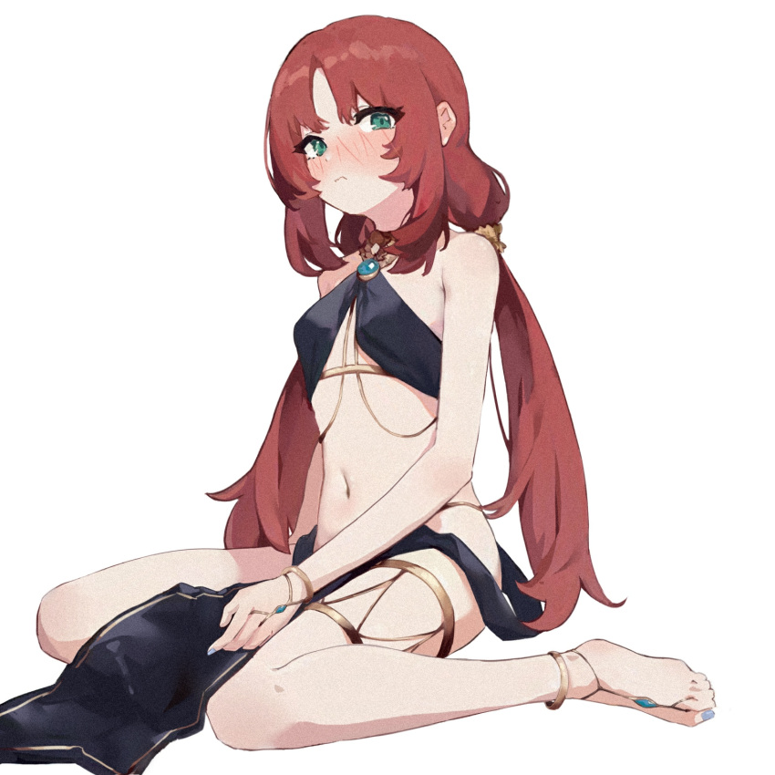 1girl alternate_costume anklet bangle bangs bare_shoulders barefoot black_shirt blush bracelet breasts brooch chain genshin_impact gold_chain green_eyes harem_outfit highres jewelry long_hair looking_at_viewer low_twintails navel nilou_(genshin_impact) no_headwear no_horns parted_bangs red_hair shirt sidelocks simple_background sitting small_breasts solo stomach thighlet twintails wariza wavy_mouth white_background xsan