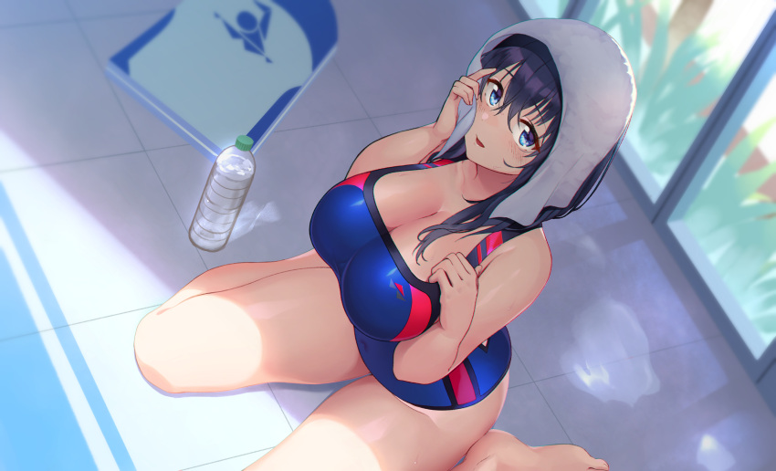 1girl bangs barefoot black_hair blue_eyes blue_one-piece_swimsuit blush bottle breasts chromatic_aberration cleavage competition_swimsuit covered_navel drying drying_hair feet foreshortening from_above hair_between_eyes hands_up highres holding holding_towel kickboard large_breasts long_hair looking_at_viewer okamen on_floor one-piece_swimsuit original parted_lips shade sitting solo swimsuit taut_clothes taut_swimsuit thick_thighs thighs tile_floor tiles towel towel_on_head wariza water_bottle wet