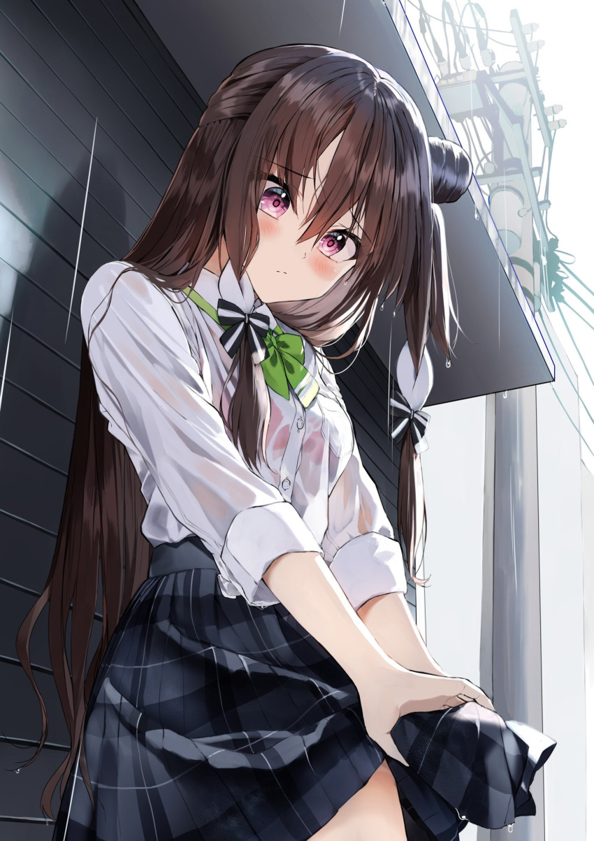 1girl amahara_aoi bangs blush bow bowtie breasts brown_hair commentary_request dress_shirt green_bow green_bowtie hair_between_eyes hair_bun highres kiite_kuremasu_yo_ne_senpai long_hair long_sleeves looking_down pentagon_(railgun_ky1206) pink_eyes plaid plaid_skirt pleated_skirt rain see-through shirt single_side_bun skirt sleeves_rolled_up small_breasts solo wet wet_clothes wet_hair wet_shirt white_shirt wringing_clothes wringing_skirt