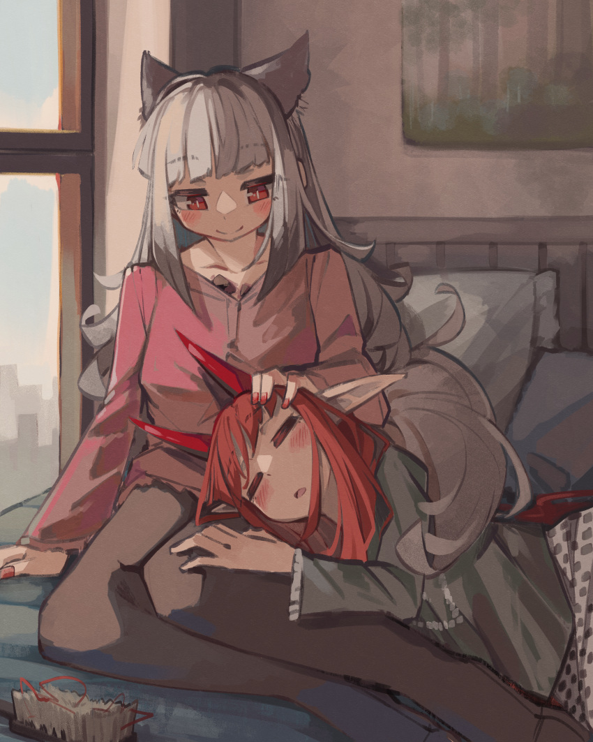 2girls absurdres animal_ears arknights bangs bed black_pantyhose black_shirt blush bright_pupils closed_eyes closed_mouth fox_ears fox_girl fox_tail frostleaf_(arknights) grey_hair headpat highres long_hair long_sleeves looking_at_another lying multiple_girls nail_polish on_bed on_side open_mouth oripathy_lesion_(arknights) pantyhose pillow pink_shirt red_eyes red_hair red_nails shirt sitting sleeping slit_pupils smile tail togekk0 very_long_hair vigna_(arknights) window yuri