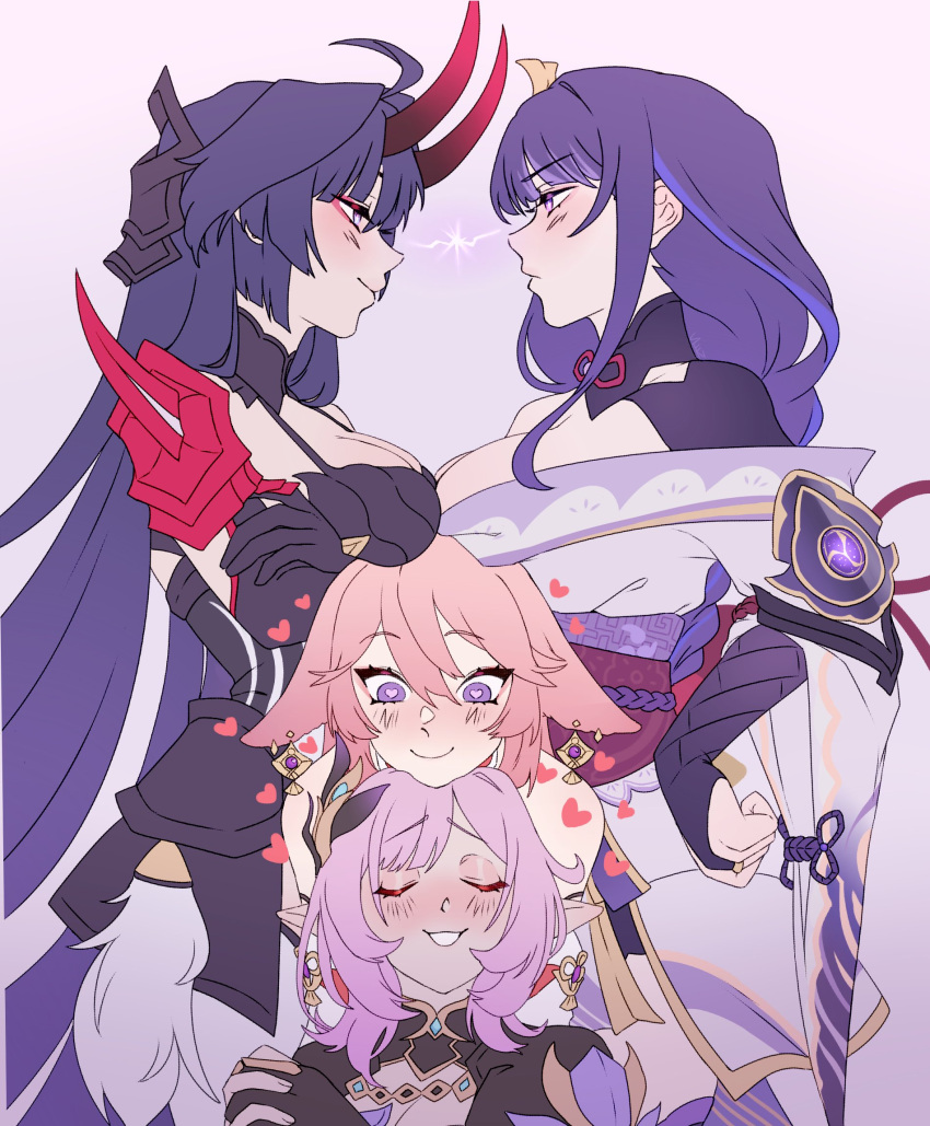 4girls ahoge animal_ears armor bangs blush braid braided_ponytail breast_rest breasts bridal_gauntlets cleavage closed_eyes closed_mouth commentary company_connection earrings elysia_(honkai_impact) elysia_(miss_pink_elf)_(honkai_impact) eye_contact floppy_ears fox_ears genshin_impact gloves gradient gradient_background hair_between_eyes hair_ornament heart heart-shaped_pupils highres honkai_(series) honkai_impact_3rd horns japanese_clothes jewelry kimono large_breasts long_hair looking_at_another mihoyo mitsudomoe_(shape) multiple_girls obi obiage obijime pink_hair pointy_ears power_connection purple_eyes purple_hair raiden_mei raiden_mei_(herrscher_of_thunder) raiden_shogun sash senouzzz shoulder_armor smile standing symbol-shaped_pupils symbol_in_eye teeth tomoe_(symbol) trait_connection voice_actor_connection yae_miko yuri