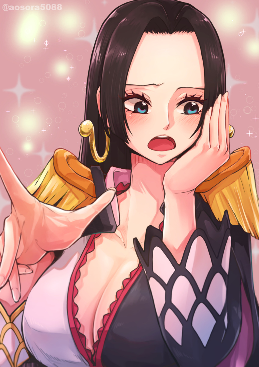 1girl aosora2823 black_hair blue_eyes boa_hancock breasts cleavage coat dress earrings embarrassed epaulettes hand_on_own_cheek hand_on_own_face highres jewelry large_breasts long_hair looking_down one_piece open_mouth snake_earrings solo sparkle_background upper_body