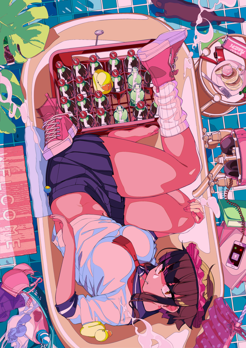 1girl absurdres bangs barefoot bathtub black_cat blue_skirt blunt_bangs book book_stack bottle bra breasts brown_eyes brown_hair cake can candy cat cellphone chupa_chups clothes_pin colored_skin commentary_request detergent doormat empty_bathtub flat_color food from_above from_behind full_body headphones headphones_removed highres jovejun large_breasts laundry laundry_basket lollipop looking_at_viewer loose_socks lying midriff miniskirt mouth_hold nail_polish navel neckerchief on_side original pancake phone pink_bra pink_footwear pink_nails pink_skin plant pleated_skirt red_eyes rubber_duck school_uniform serafuku shampoo_hat shirt shoes shoes_removed short_hair sidelocks single_shoe single_sock skirt smartphone sneakers socks soda_bottle soda_can solo souffle_pancake thick_eyebrows thighs tile_floor tiles toenail_polish toenails tsubomioka_happa underwear white_shirt wrapped_candy
