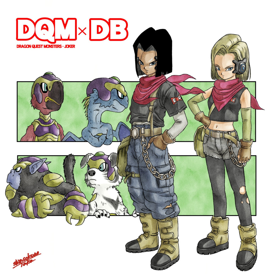 1boy 1girl android_17 android_18 arm_warmers bag belt bird black_hair blonde_hair blue_eyes boots brother_and_sister chain commentary_request creator_connection crop_top crossover dog dragon dragon_ball dragon_ball_z dragon_quest dragon_quest_monsters dragon_quest_monsters_joker fingerless_gloves frown gloves hand_in_pocket hand_on_hip highres midriff monkey navel neckerchief official_style pantyhose_under_shorts red_neckerchief red_ribbon_army serious shinsokunotaka shirt siblings signature sleeveless sleeveless_shirt toriyama_akira_(style) torn_pantyhose