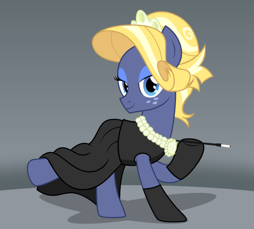 armwear badumsquish blonde_hair blue_eyes blue_eyeshadow cigarette cigarette_holder clothed clothing crossdressing crossplay crown dress earth_pony elbow_gloves equid equine eyeshadow freckles friendship_is_magic gloves hair handwear hasbro hi_res horse jewelry looking_at_viewer makeup mammal my_little_pony necklace pony star_tracker_(mlp) tiara