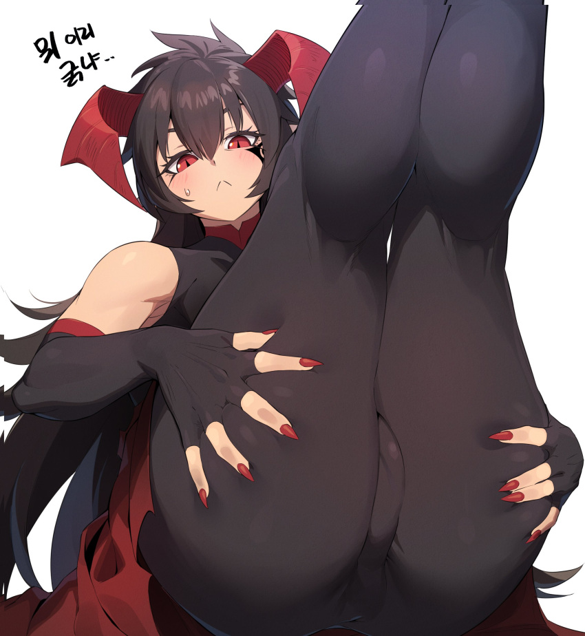 1boy :&lt; absurdres ass bare_shoulders black_hair blush bulge covered_anus demon_boy demon_king_(in) elbow_gloves fingerless_gloves fingernails gloves hands_on_own_ass highres horns in_(ain) korean_commentary korean_text legs_up looking_at_viewer male_focus nail_polish original otoko_no_ko presenting red_eyes red_nails sharp_fingernails slit_pupils solo sweatdrop translation_request