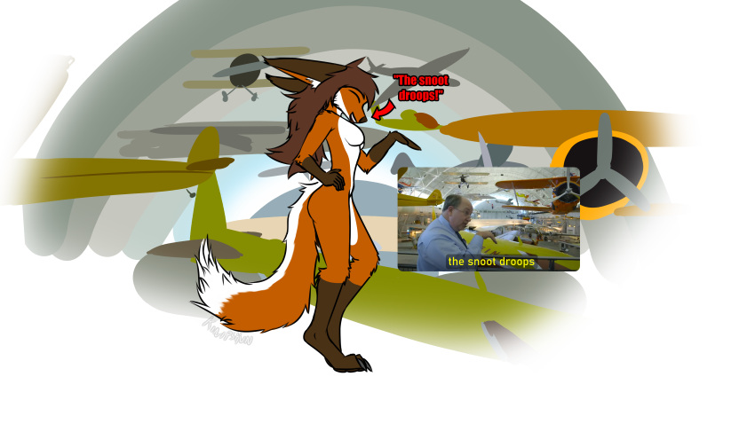 absurd_res aircraft airplane alderian anthro big_ears breasts brown_ears brown_hair brown_nose calf_tuft canid canine claws colored_sketch countershade_face countershade_legs countershade_torso countershading dialogue digital_media_(artwork) digitigrade dipstick_ears dipstick_tail ears_back elbow_tuft eyes_closed featureless_breasts female fox fur fur_markings gloves_(marking) hair hand_on_hip hand_on_own_hip hi_res inside kinipshun knee_tuft leg_markings leg_tuft mammal markings michelle_(kinipshun) multicolored_ears museum open_mouth orange_body orange_fur pivoted_ears red_fox screencap shoulder_tuft simple_background sketch smile socks_(marking) solo striped_markings striped_tail stripes tail_markings tuft watermark