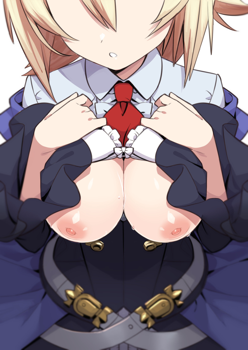 1girl blazblue blonde_hair bra bra_lift breasts breasts_out cleavage es_(xblaze) head_out_of_frame highres large_breasts morisobo necktie nipples parted_lips red_necktie shirt short_hair simple_background solo underwear white_background white_bra white_shirt xblaze